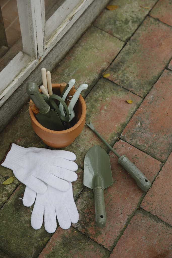 From above of various gardening instruments including shovel hoe pruner placed on tilled floor near pair of gloves